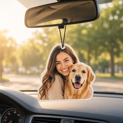 Custom photo car air freshener with woman and golden retriever hanging from rearview mirror