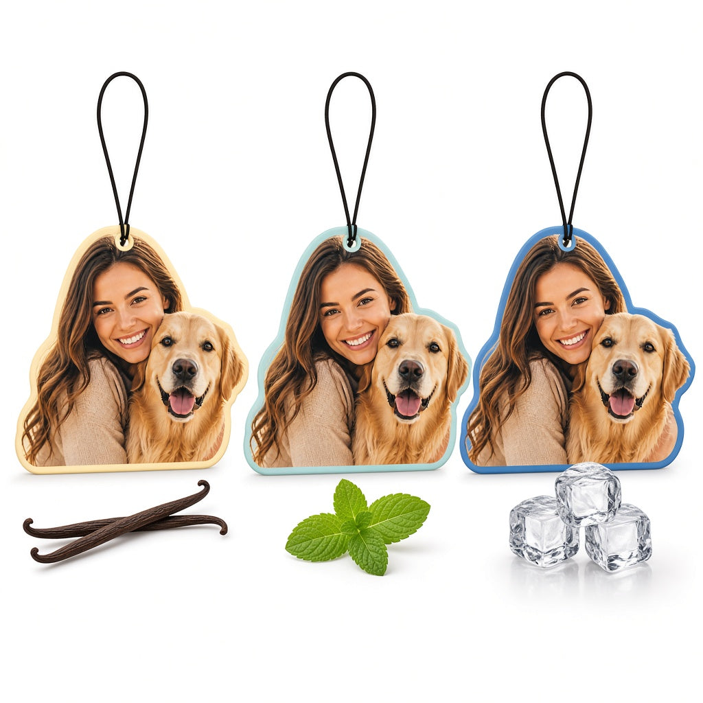 Custom photo air freshener in three scents: Vanilla, New Car and Midnight Glacier