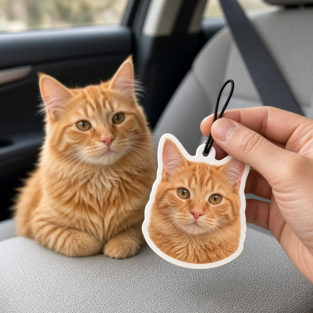 Custom pet photo car air freshener shaped like an orange cat next to the real cat