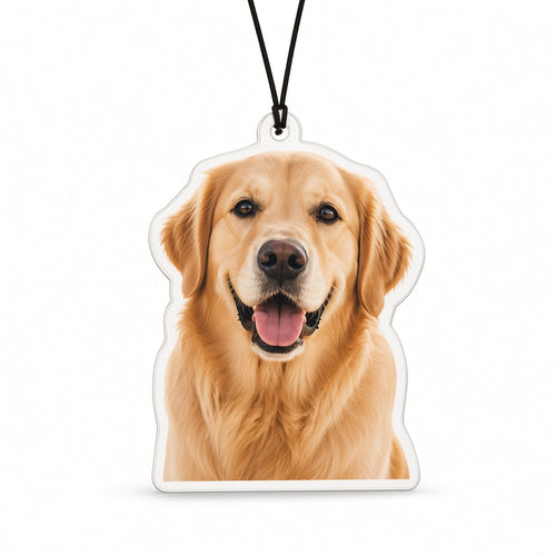 Custom photo acrylic car charm of a golden retriever on white background