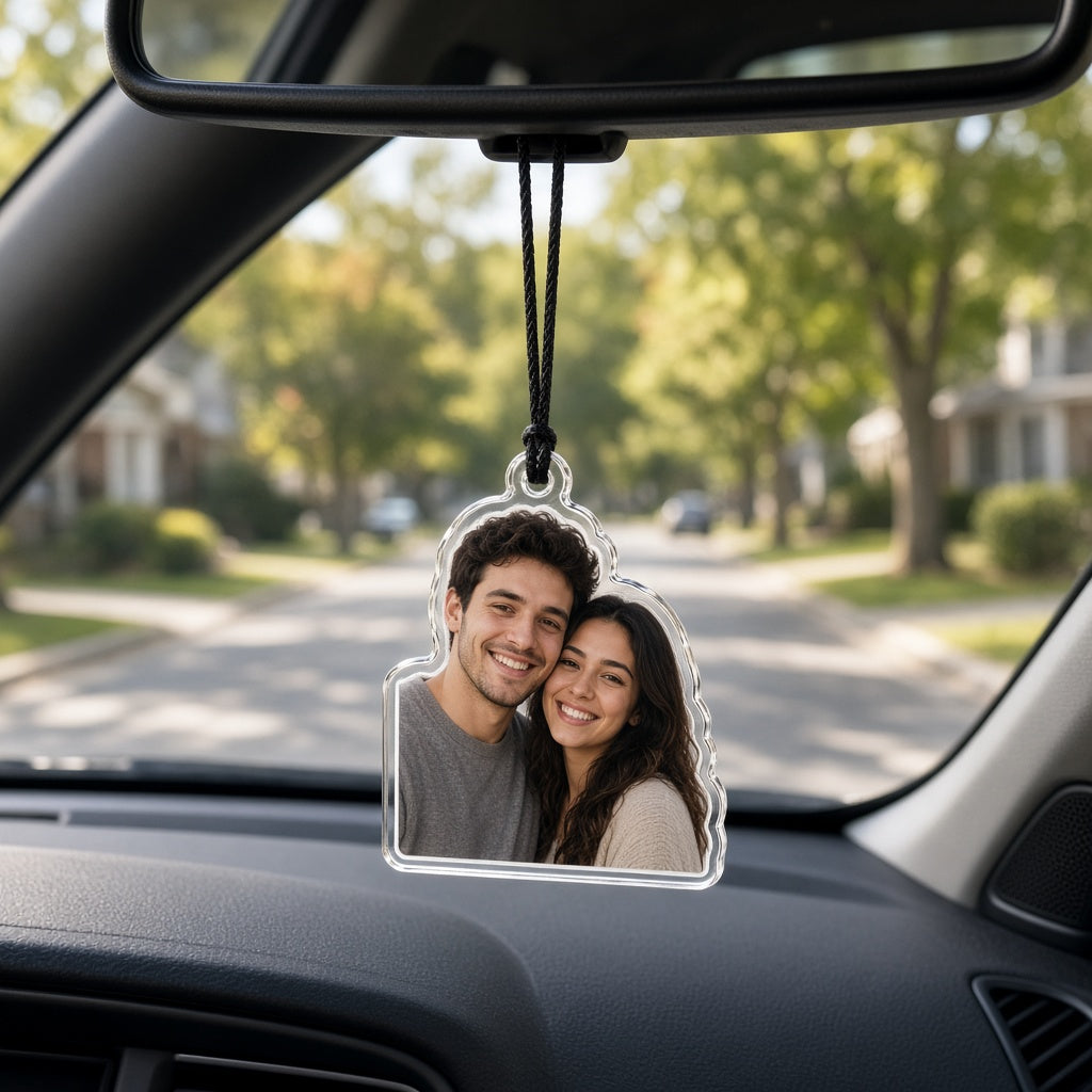 Personalized couple photo car charm hanging from rearview mirror
