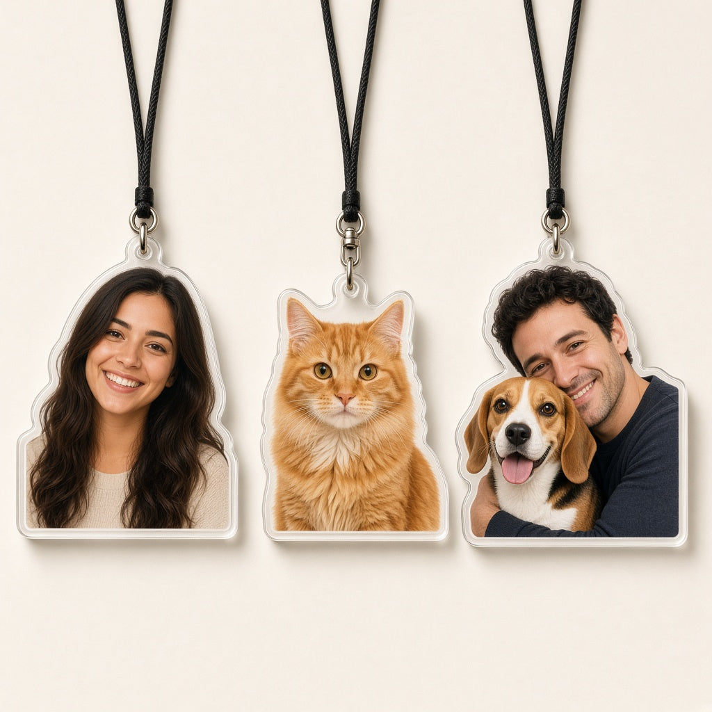 Custom car charm styles: person photo, pet photo, person with pet