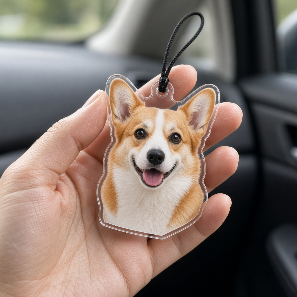 Hand holding custom corgi photo car charm to show actual size