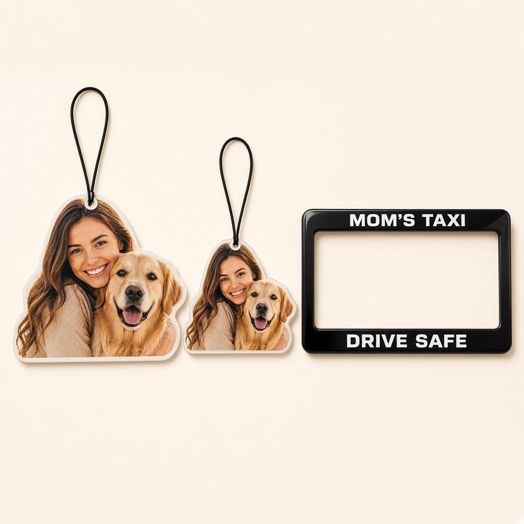 Ultimate car gift set: photo air freshener, photo car charm and MOM'S TAXI license plate frame