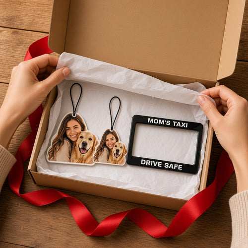 Unboxing the Ultimate Car Gift Set: photo air freshener, photo car charm and MOM'S TAXI license plate frame