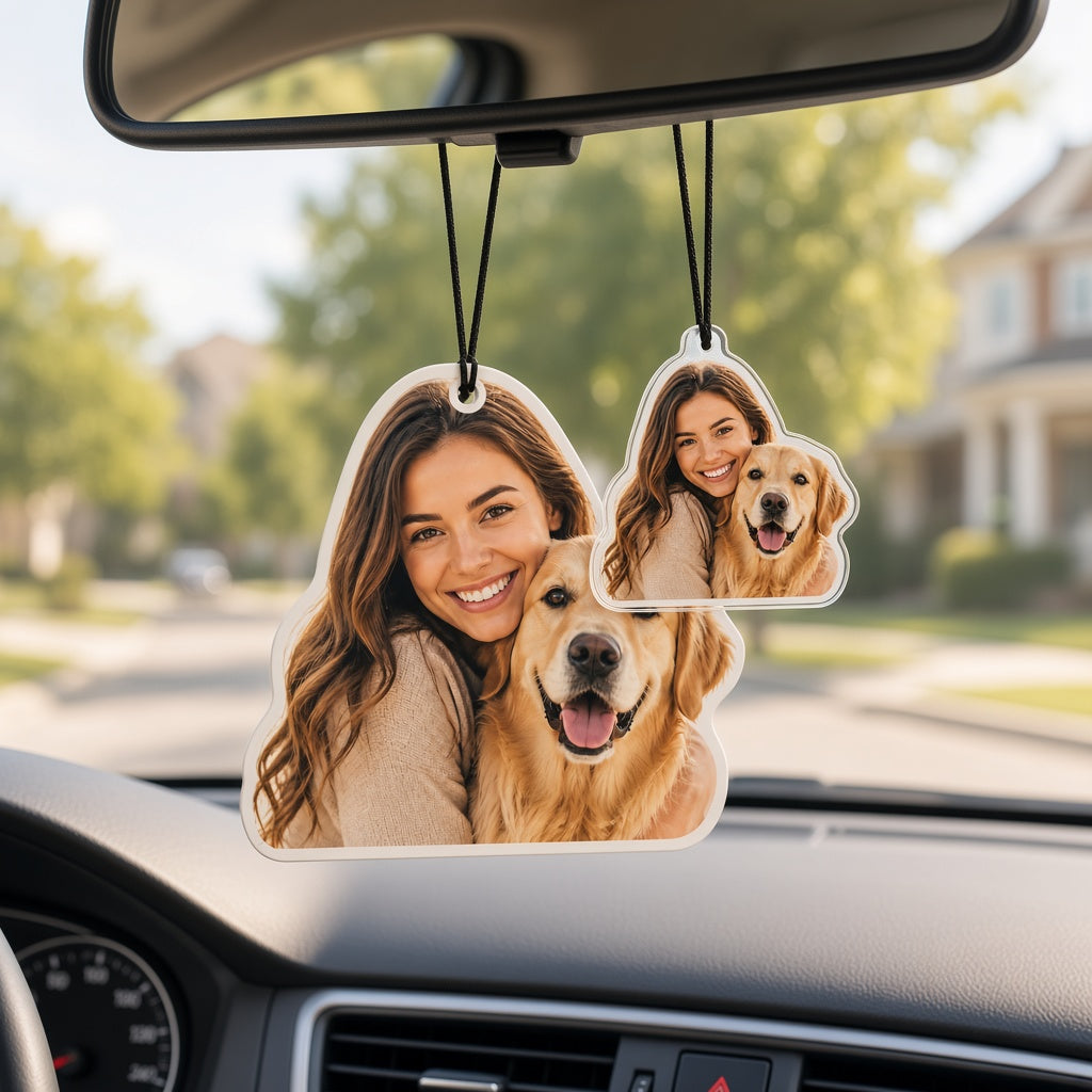 Photo air freshener and matching photo charm hanging in car
