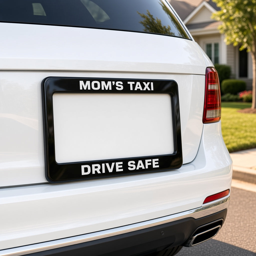 Custom MOM'S TAXI DRIVE SAFE license plate frame mounted on white SUV